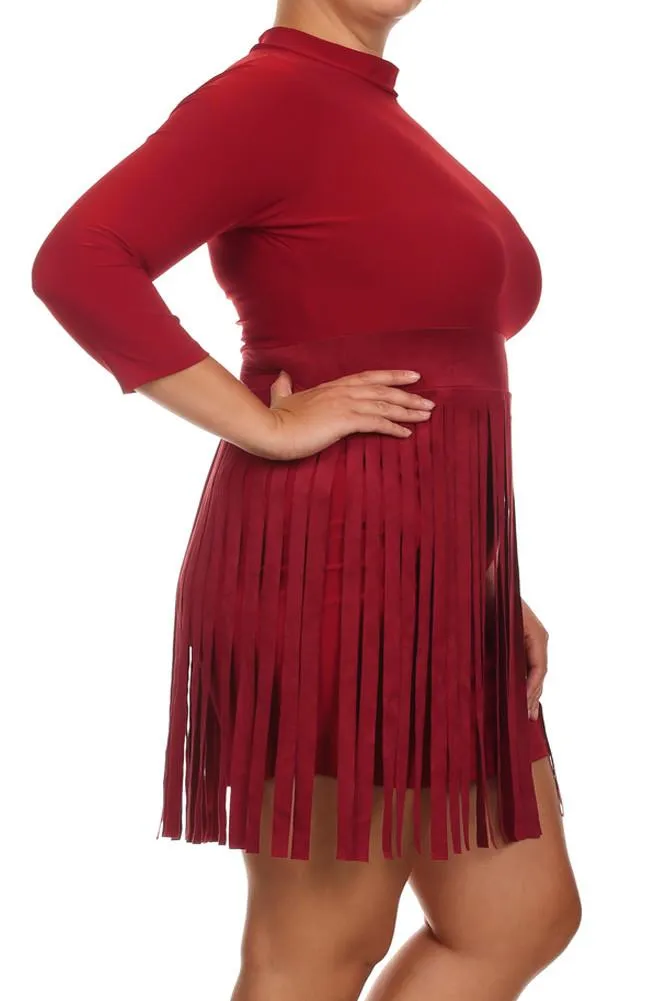 Plus Size Suede Fringe Skirt Dress