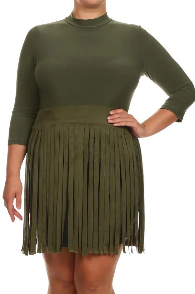 Plus Size Suede Fringe Skirt Dress