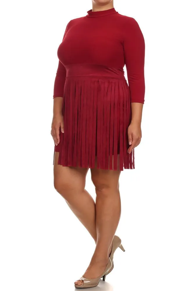 Plus Size Suede Fringe Skirt Dress