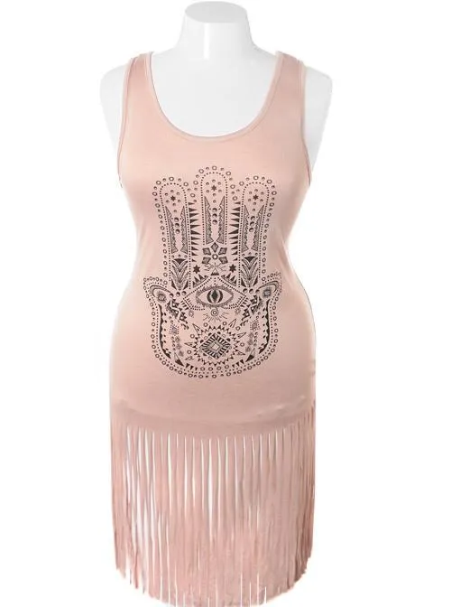 Plus Size Unique Aztec Fringe Taupe Dress