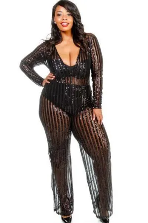 Plus Size V-neck Sheer Palazzo Sequin Cocktail Jumpsuit - Black