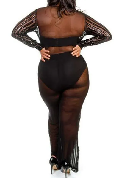 Plus Size V-neck Sheer Palazzo Sequin Cocktail Jumpsuit - Black