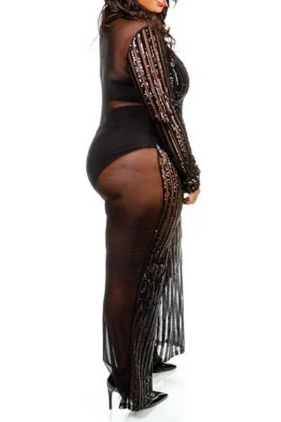 Plus Size V-neck Sheer Palazzo Sequin Cocktail Jumpsuit - Black