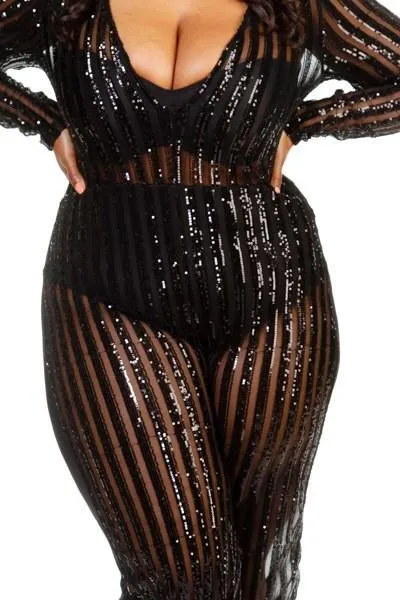 Plus Size V-neck Sheer Palazzo Sequin Cocktail Jumpsuit - Black