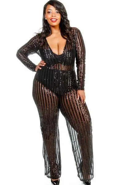 Plus Size V-neck Sheer Palazzo Sequin Cocktail Jumpsuit - Black