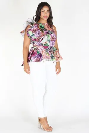 Plus Size Vibrant Ruffle Shoulder Floral Peplum Top