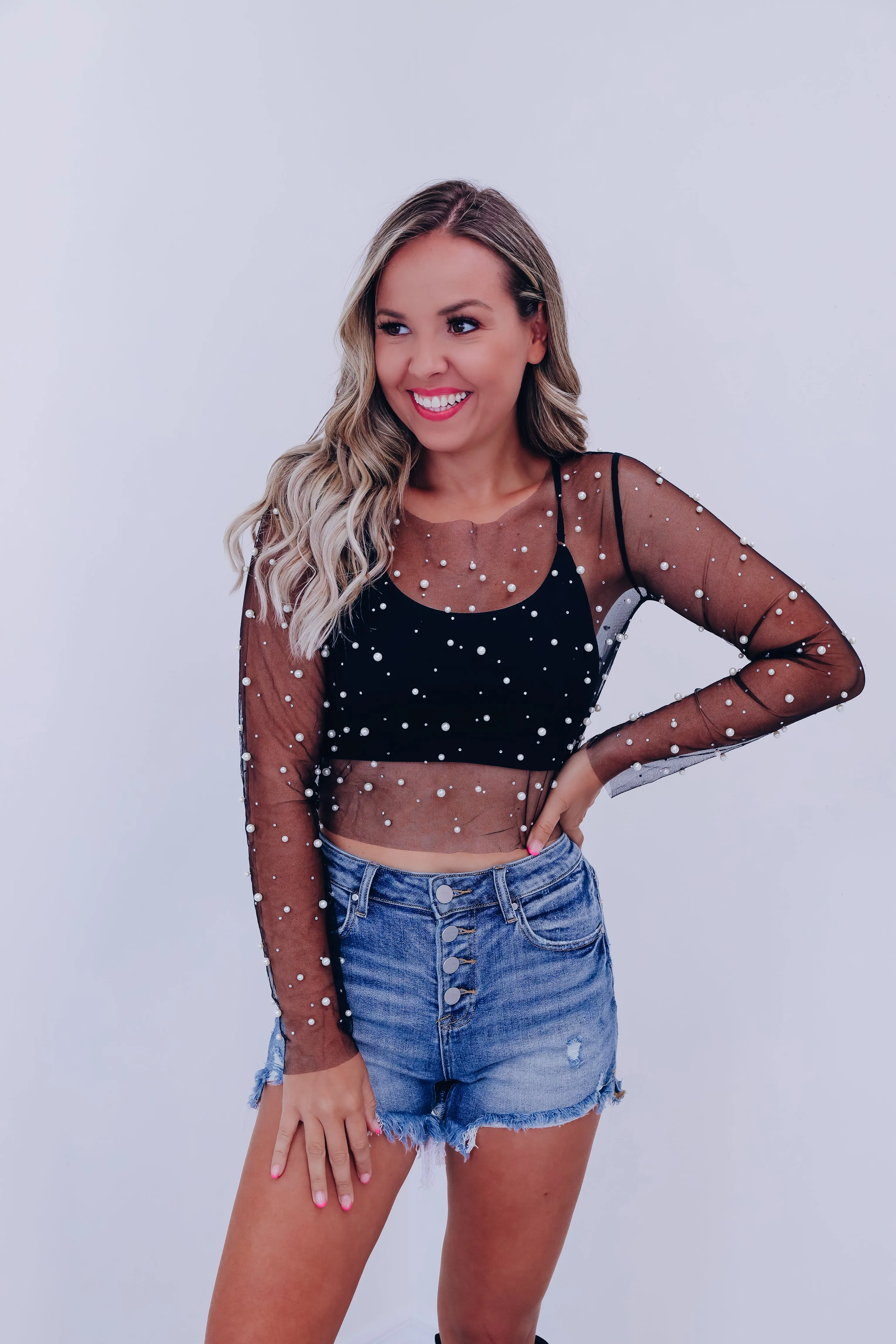 Poised Pearl Embellished Mesh Crop Top - Black
