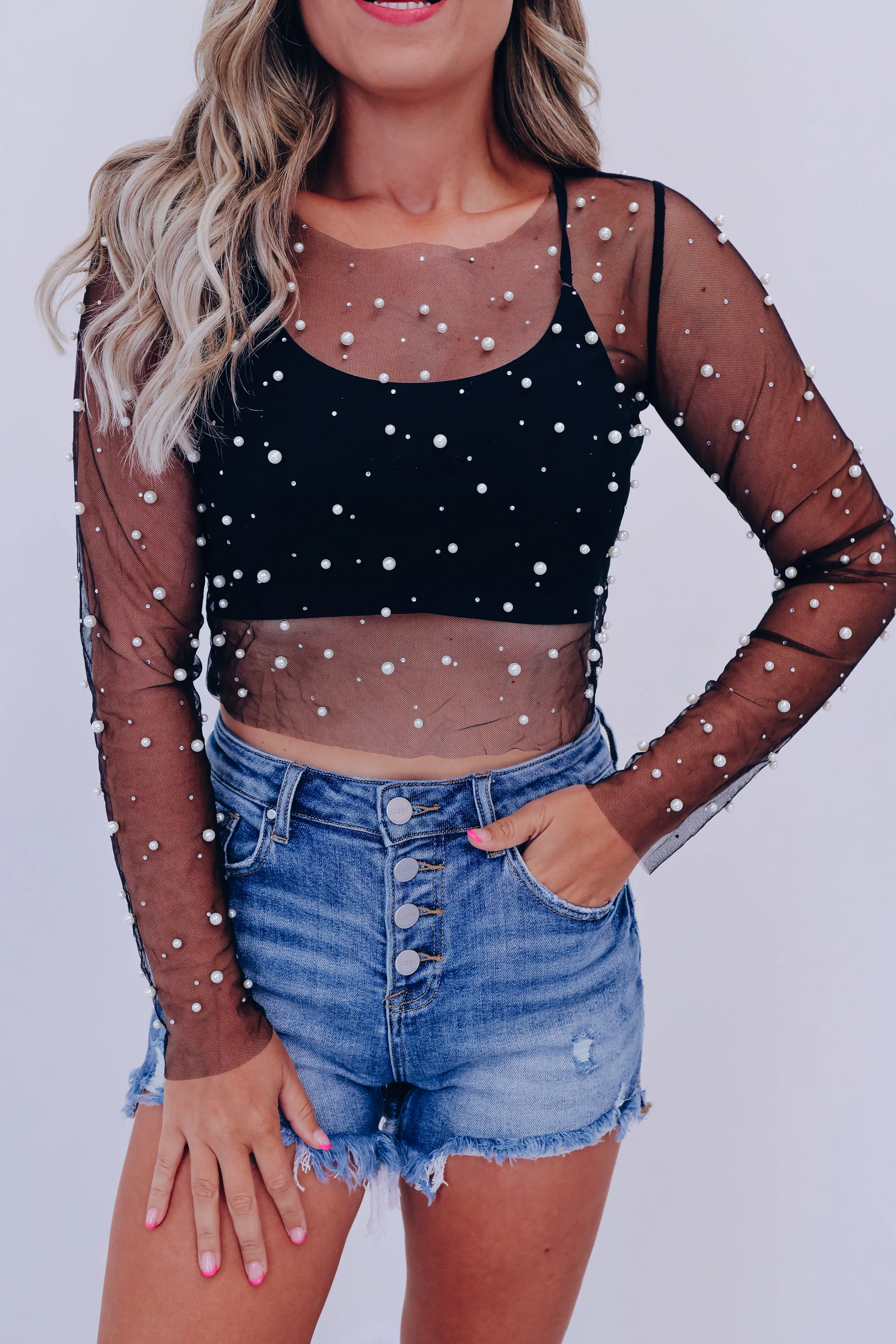 Poised Pearl Embellished Mesh Crop Top - Black