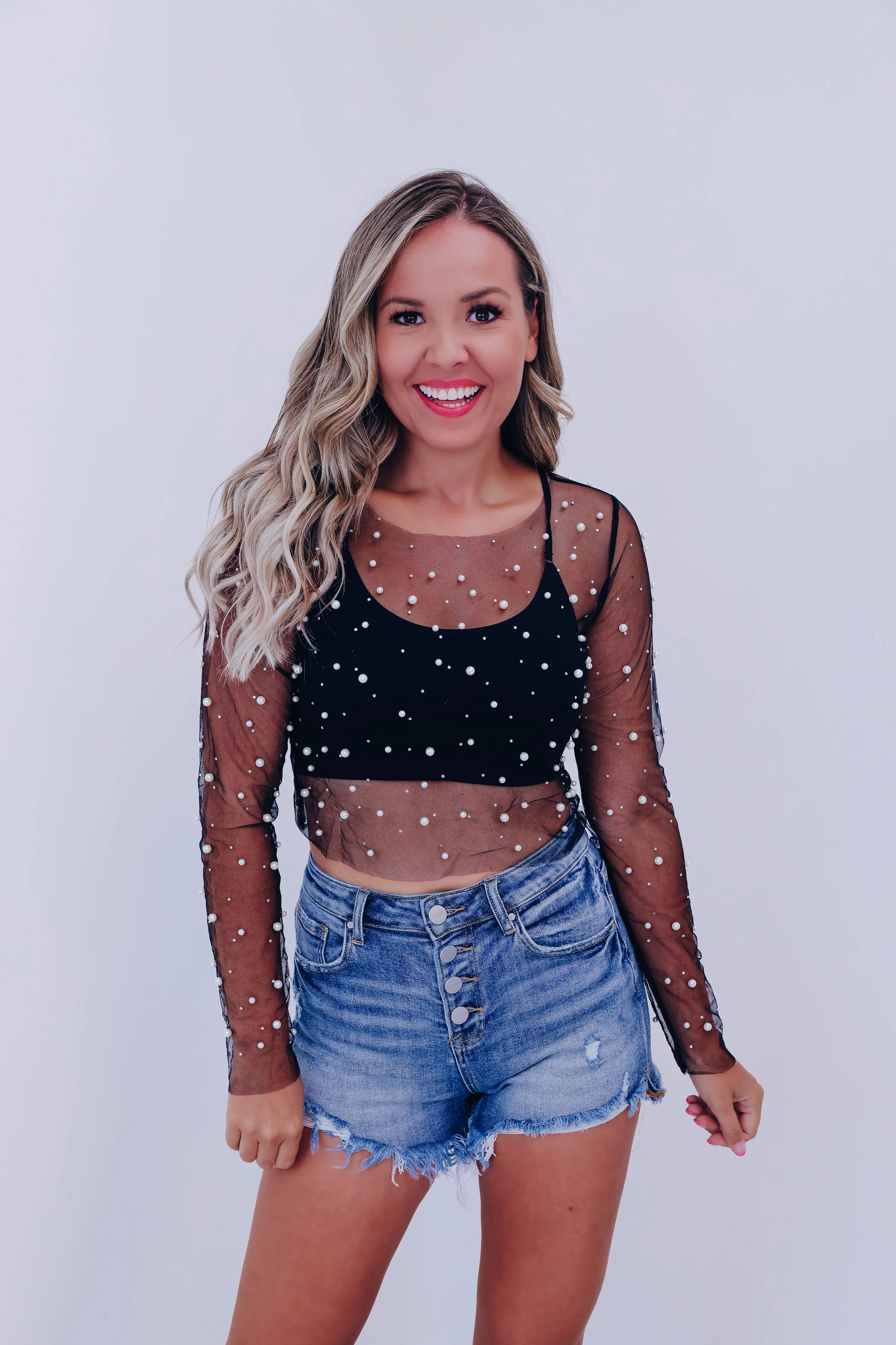 Poised Pearl Embellished Mesh Crop Top - Black