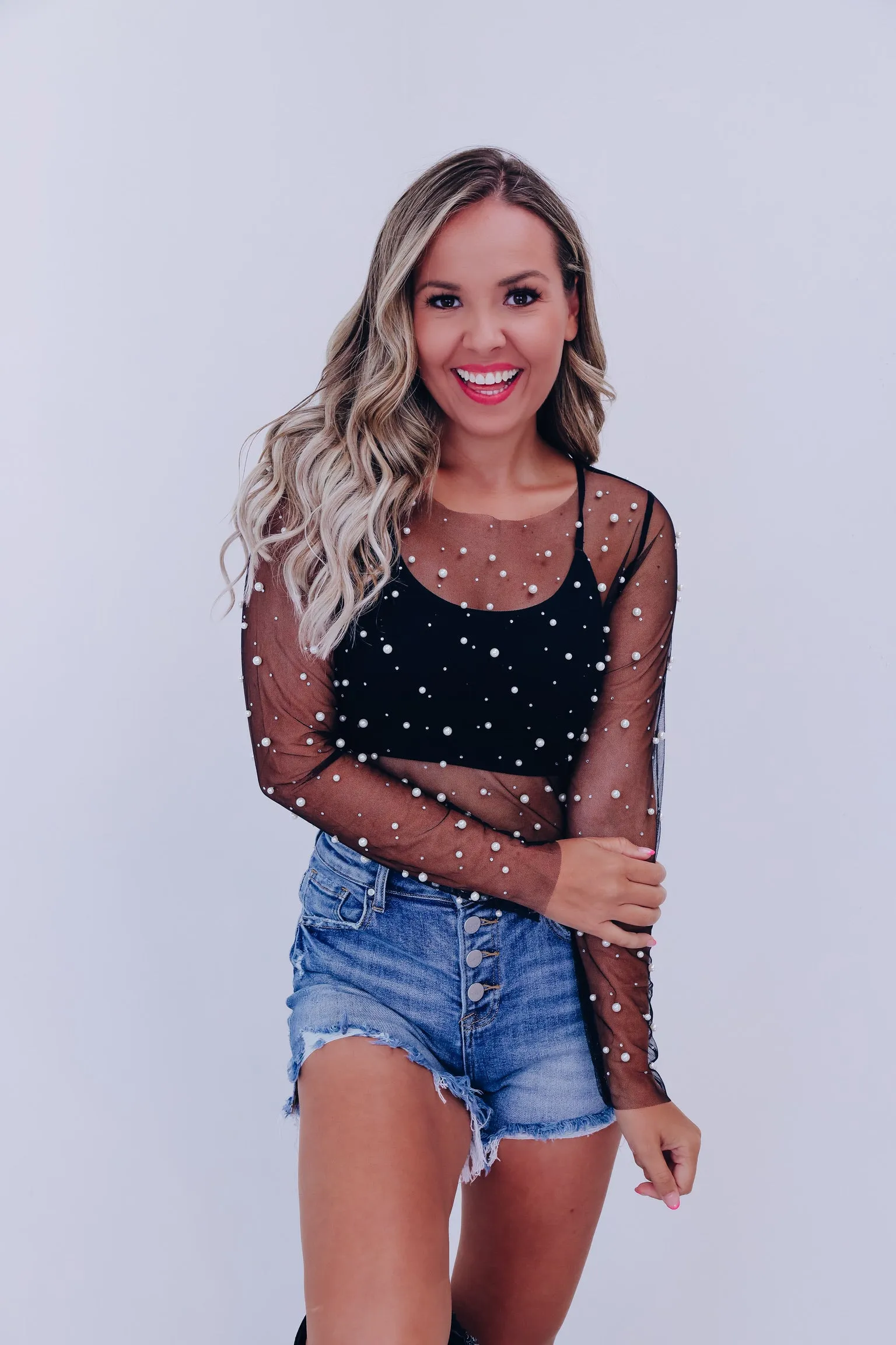 Poised Pearl Embellished Mesh Crop Top - Black