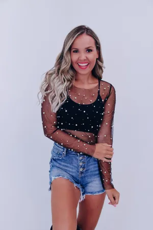 Poised Pearl Embellished Mesh Crop Top - Black