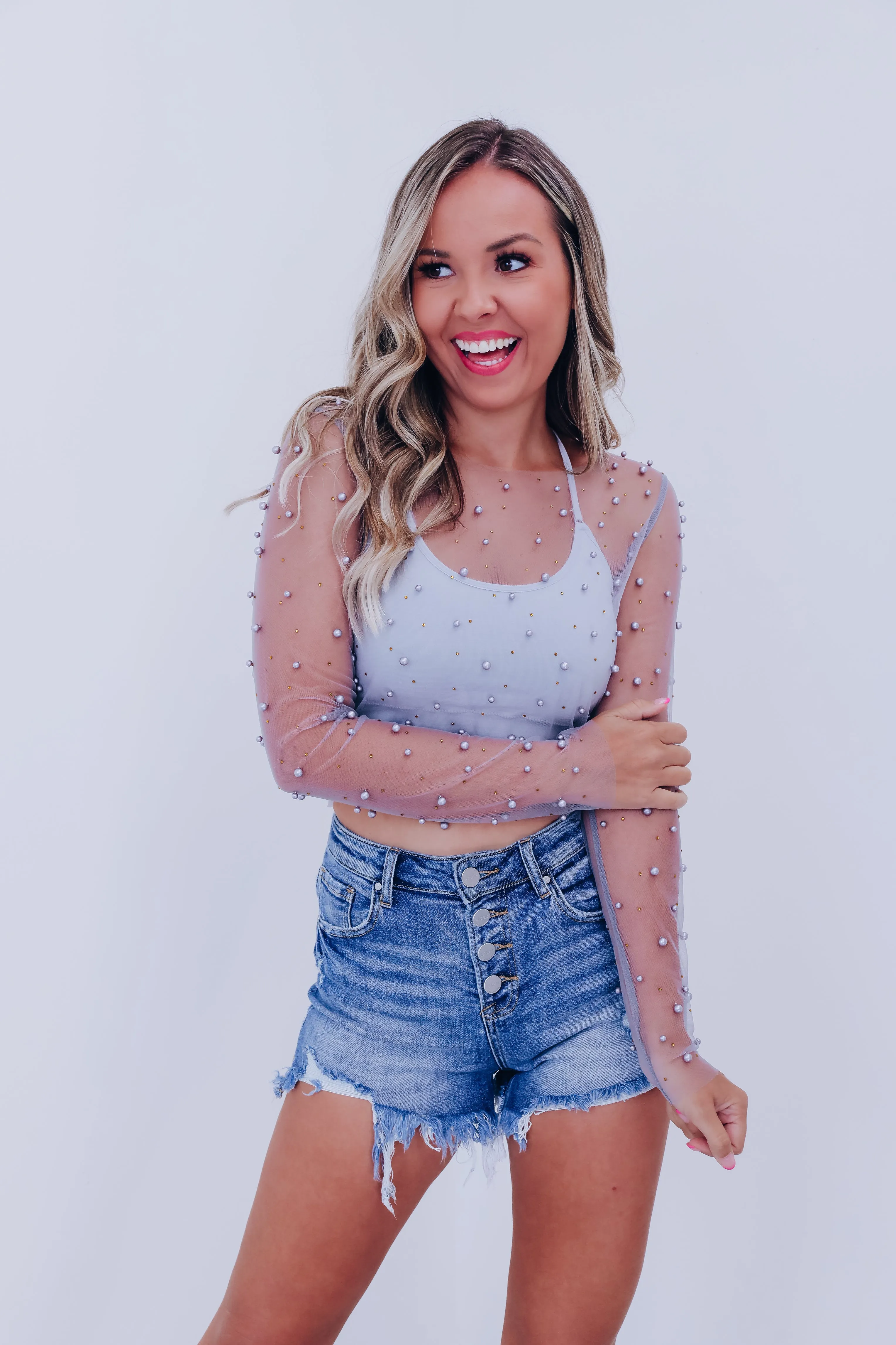 Poised Pearl Embellished Mesh Crop Top - Grey