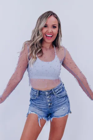 Poised Pearl Embellished Mesh Crop Top - Grey
