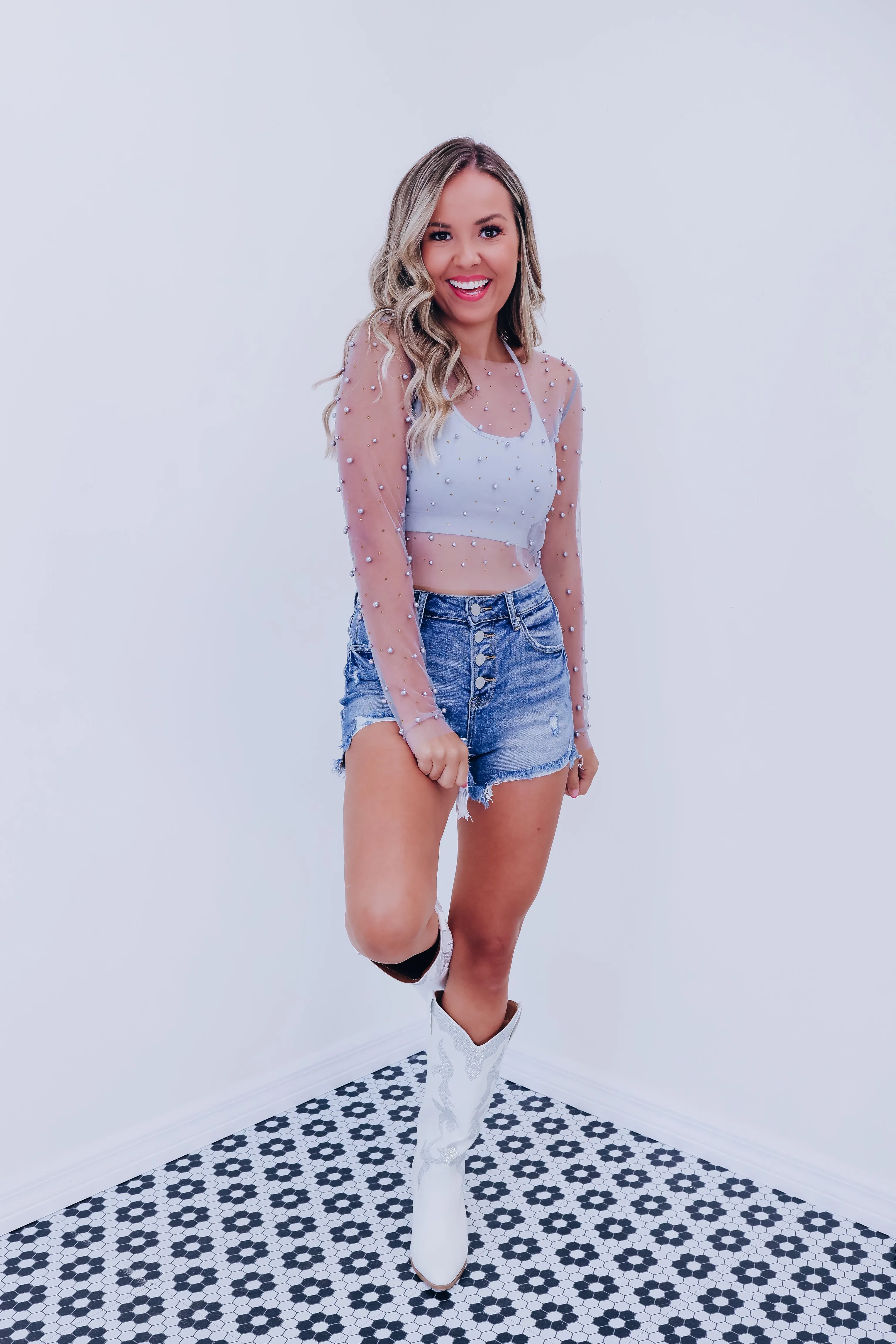 Poised Pearl Embellished Mesh Crop Top - Grey