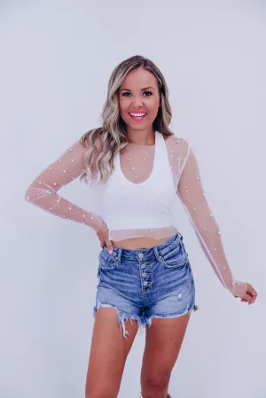 Poised Pearl Embellished Mesh Crop Top - Ivory