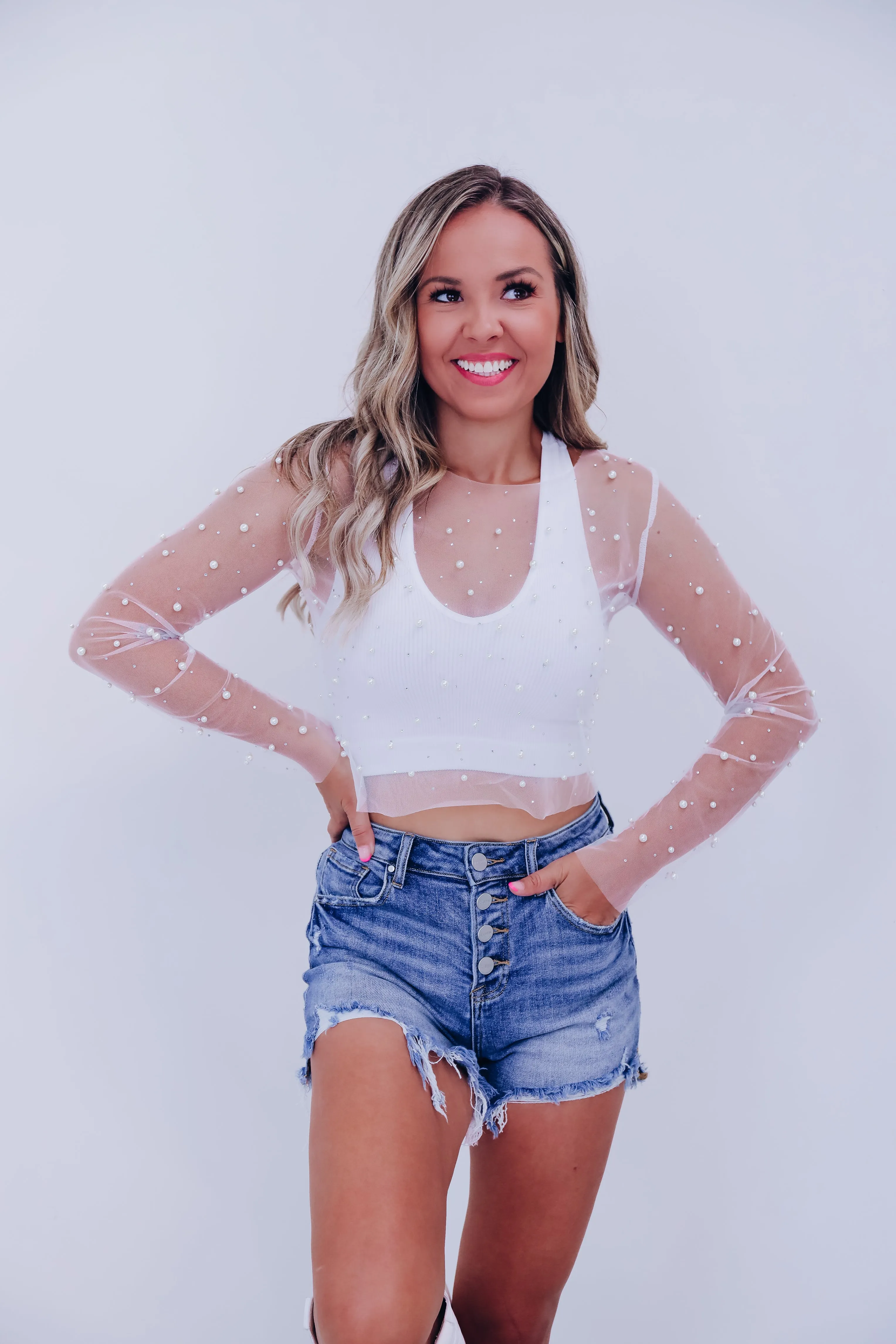 Poised Pearl Embellished Mesh Crop Top - Ivory