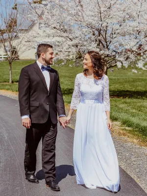 Pricilla lace and chiffon wedding dress in white Express NZ wide
