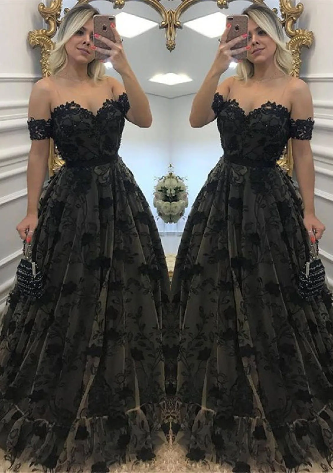 Princess Sweetheart Off Shoulder Sleeveless Long Black Lace Prom Dress