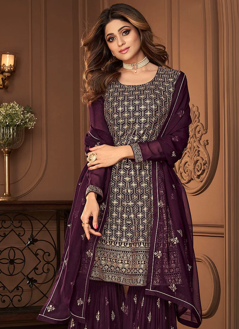 Purple Golden Embroidered Designer Sharara Suit