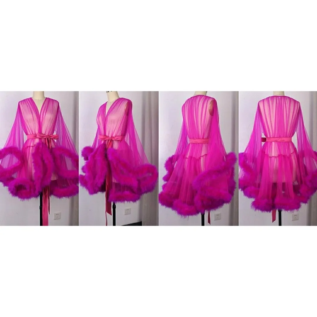 "Night In" Fuchsia Handmade Sheer Fluffy Mini Marabou Feather Robe