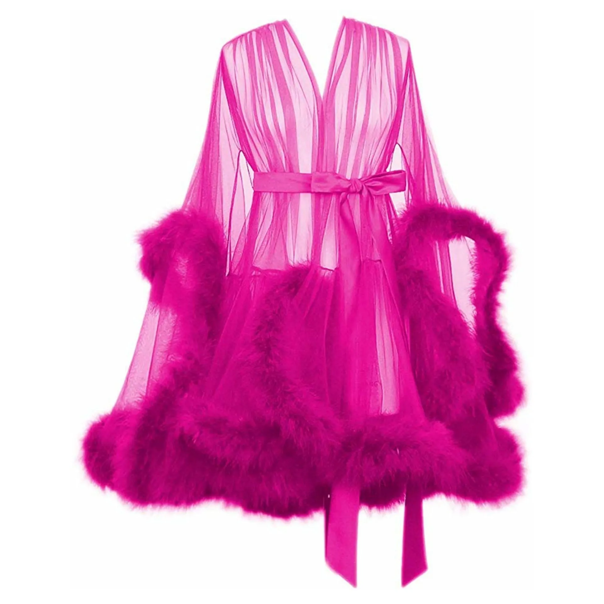 "Night In" Fuchsia Handmade Sheer Fluffy Mini Marabou Feather Robe