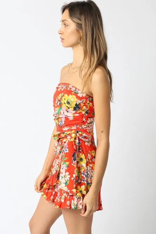 Red and yellow floral ruffle wrap romper