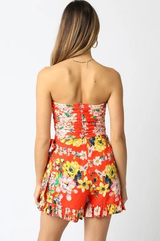 Red and yellow floral ruffle wrap romper