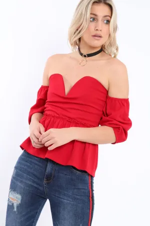Red Bardot V Plunge Ruffle Hem Top - Norah