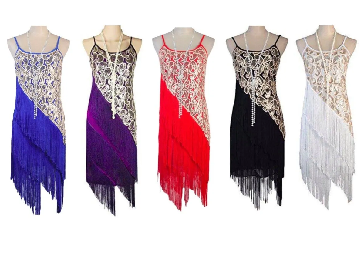 Red Paisley and Diagonal Fringe 1920s Dress