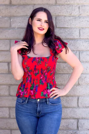 Red Smocked Ruffle Top