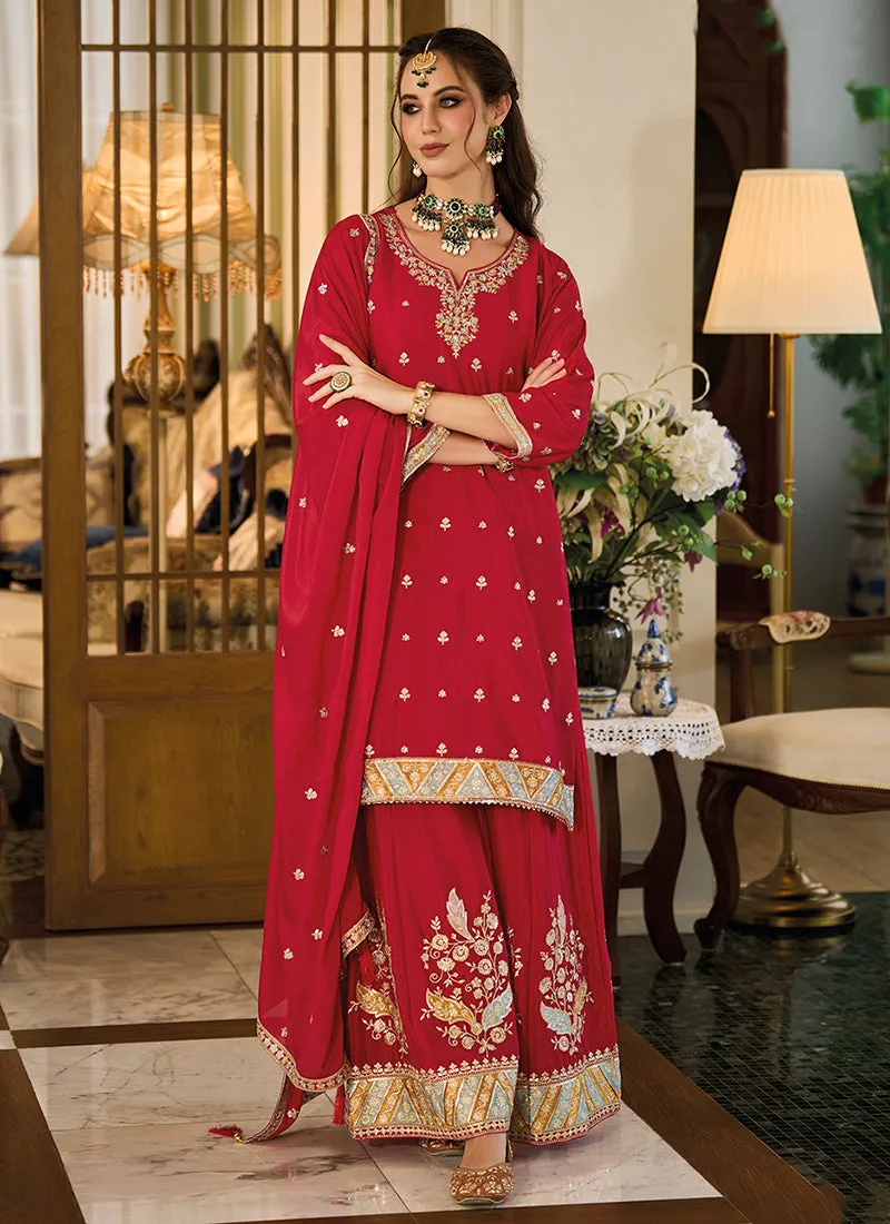 Red Traditional Embroidery Festive Palazzo Suit