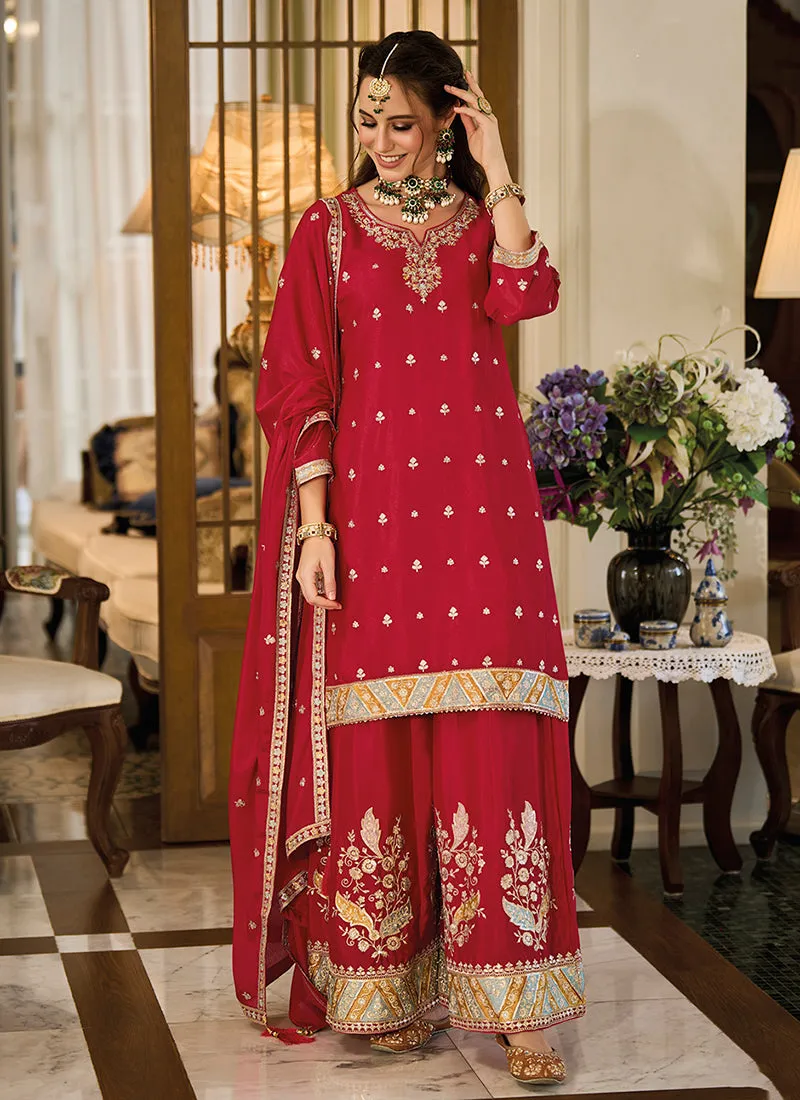 Red Traditional Embroidery Festive Palazzo Suit