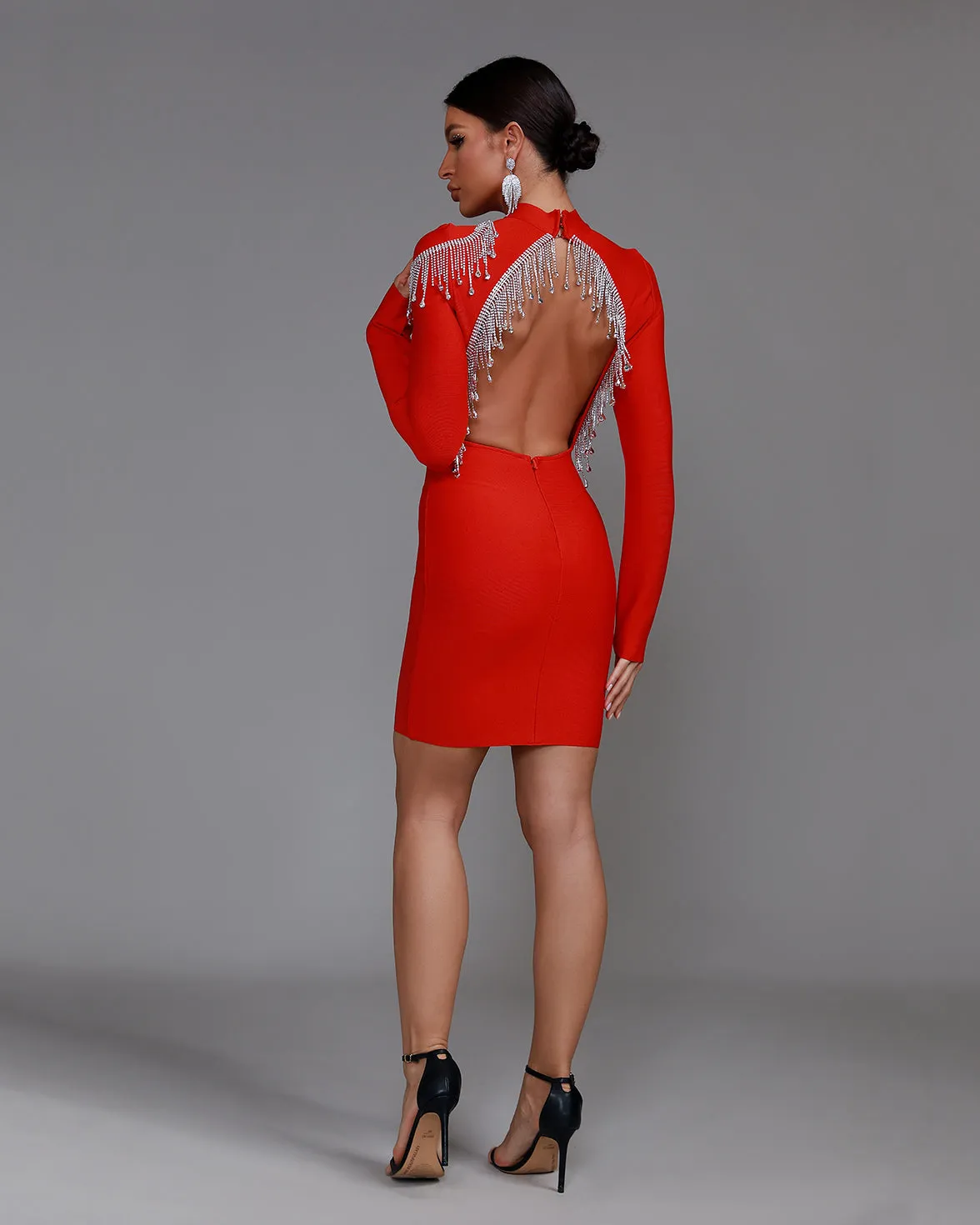 Rhinestone Fringe Backless Bandage Dress