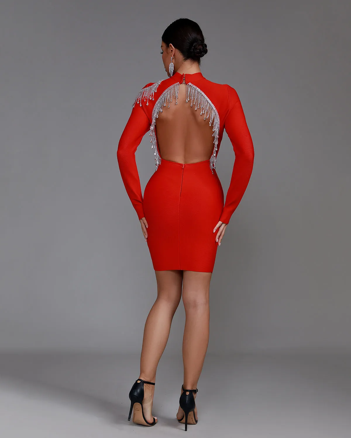 Rhinestone Fringe Backless Bandage Dress