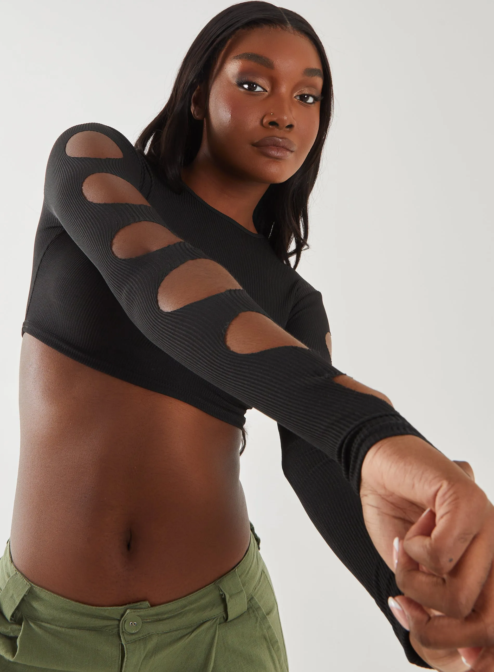Ribbed Long Sleeve Cut Out Top