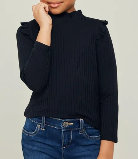 Ribbed ruffle mock neck top