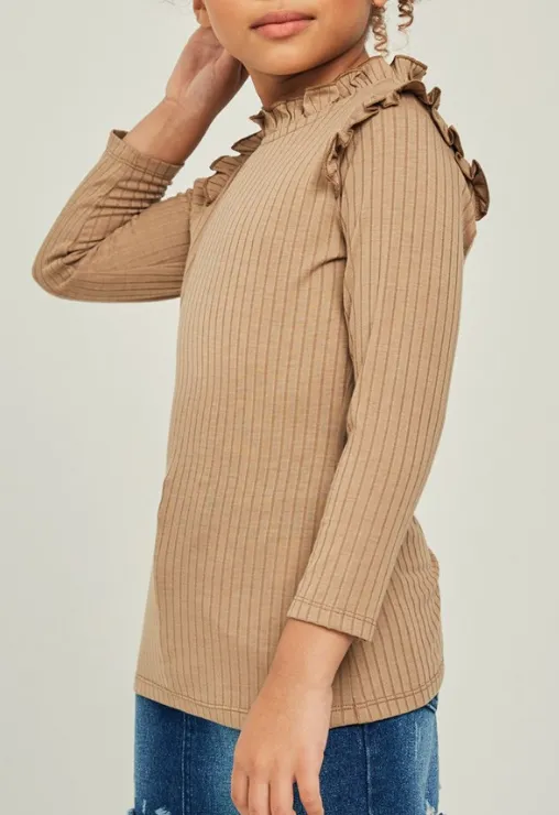 Ribbed ruffle mock neck top