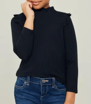 Ribbed ruffle mock neck top