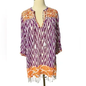 Roberta Roller Rabbit Womens 3/4 Sleeved V Neck Tunic Dress Orange Purple Beach