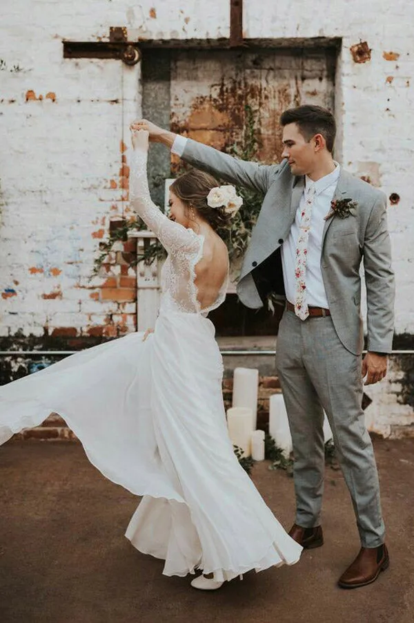 Romantic Boho Long Sleeve Beach Lace Backless Wedding Dress,MW294
