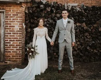 Romantic Boho Long Sleeve Beach Lace Backless Wedding Dress,MW294