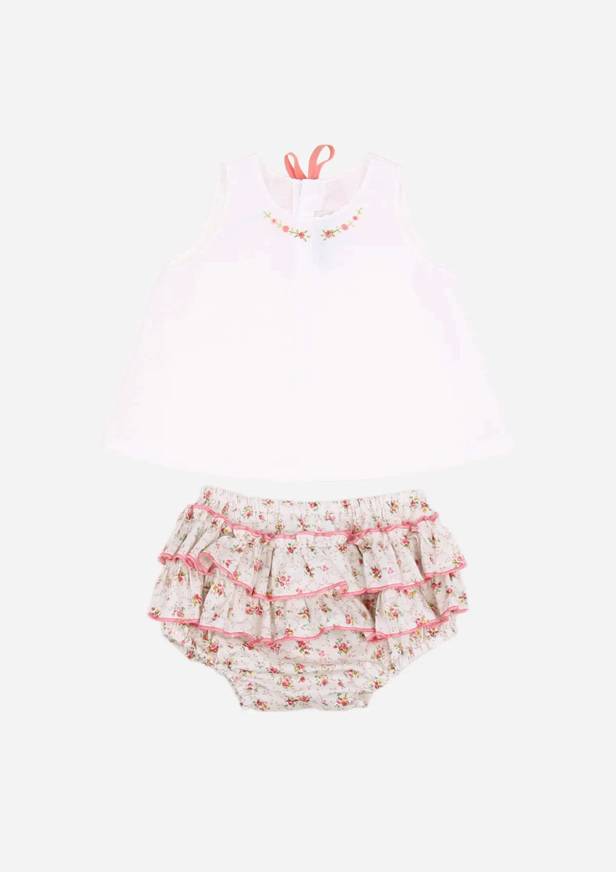 Rose Necklace Top & Ruffle Bottom, Ivory Floral