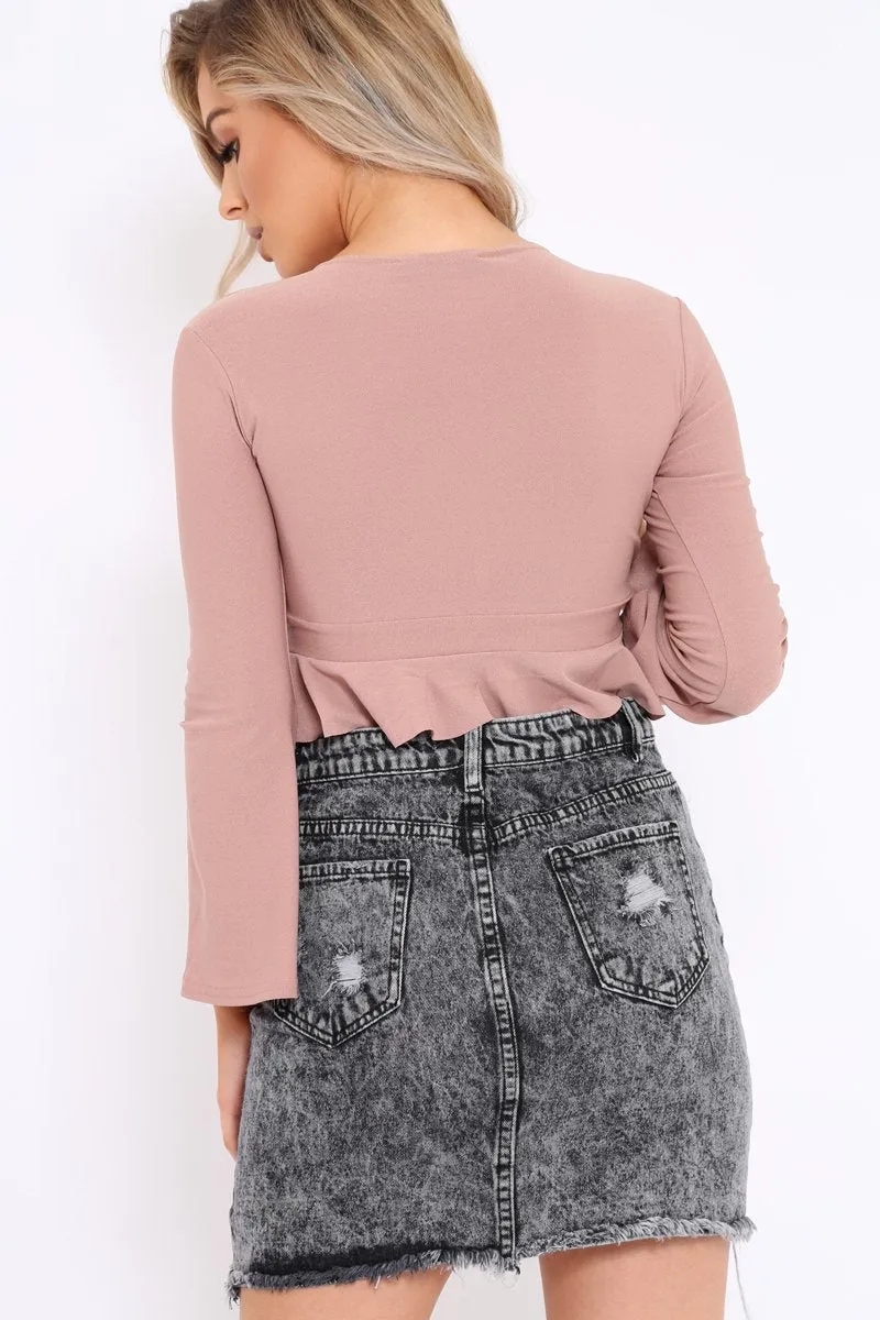 Rose Plunge Flare Sleeve Crop Top with Frill Hem - Masie