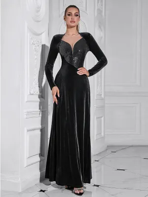 Round Neck Long Sleeve Sequins Maxi Bodycon Dress HB00031