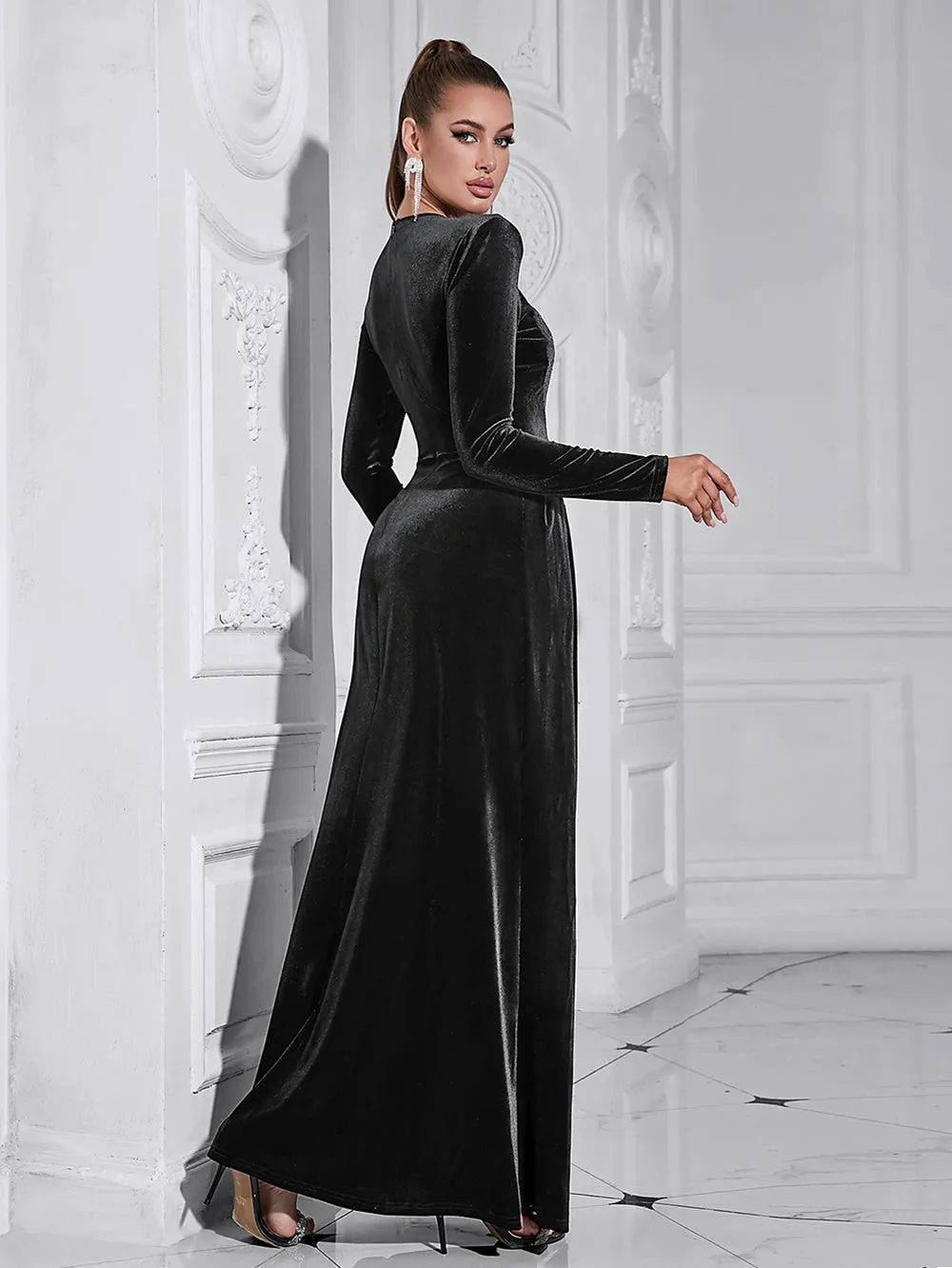 Round Neck Long Sleeve Sequins Maxi Bodycon Dress HB00031