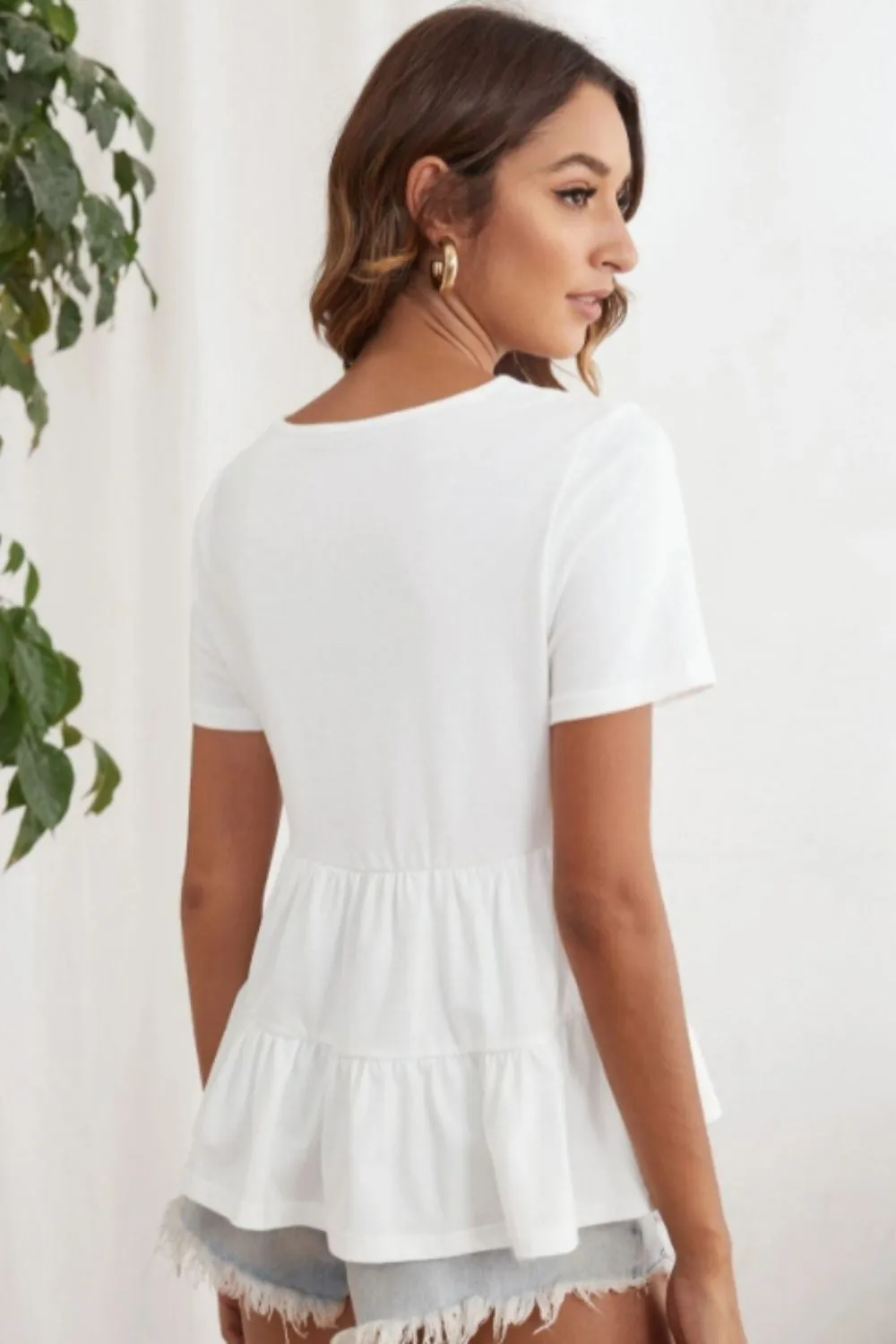 Ruffle Hem White Solid Top