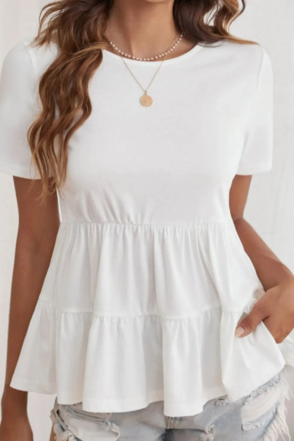 Ruffle Hem White Solid Top