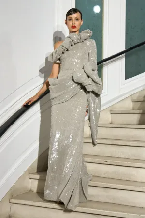 Ruffle Neck Bow Draped Sequin Gown