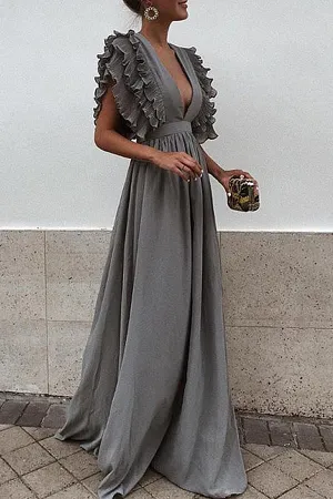 Ruffle Sleeve Plunge V-neck Solid Maxi Dress