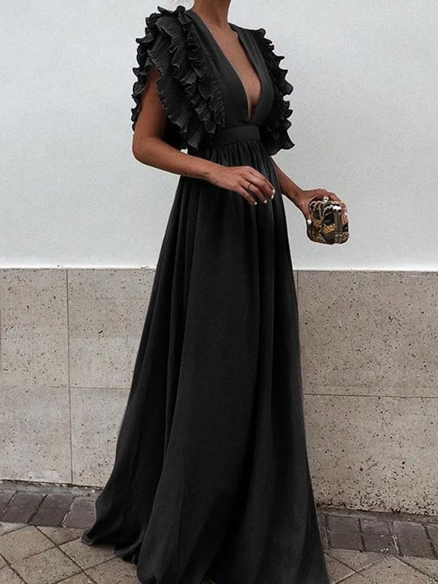 Ruffle Sleeve Plunge V-neck Solid Maxi Dress